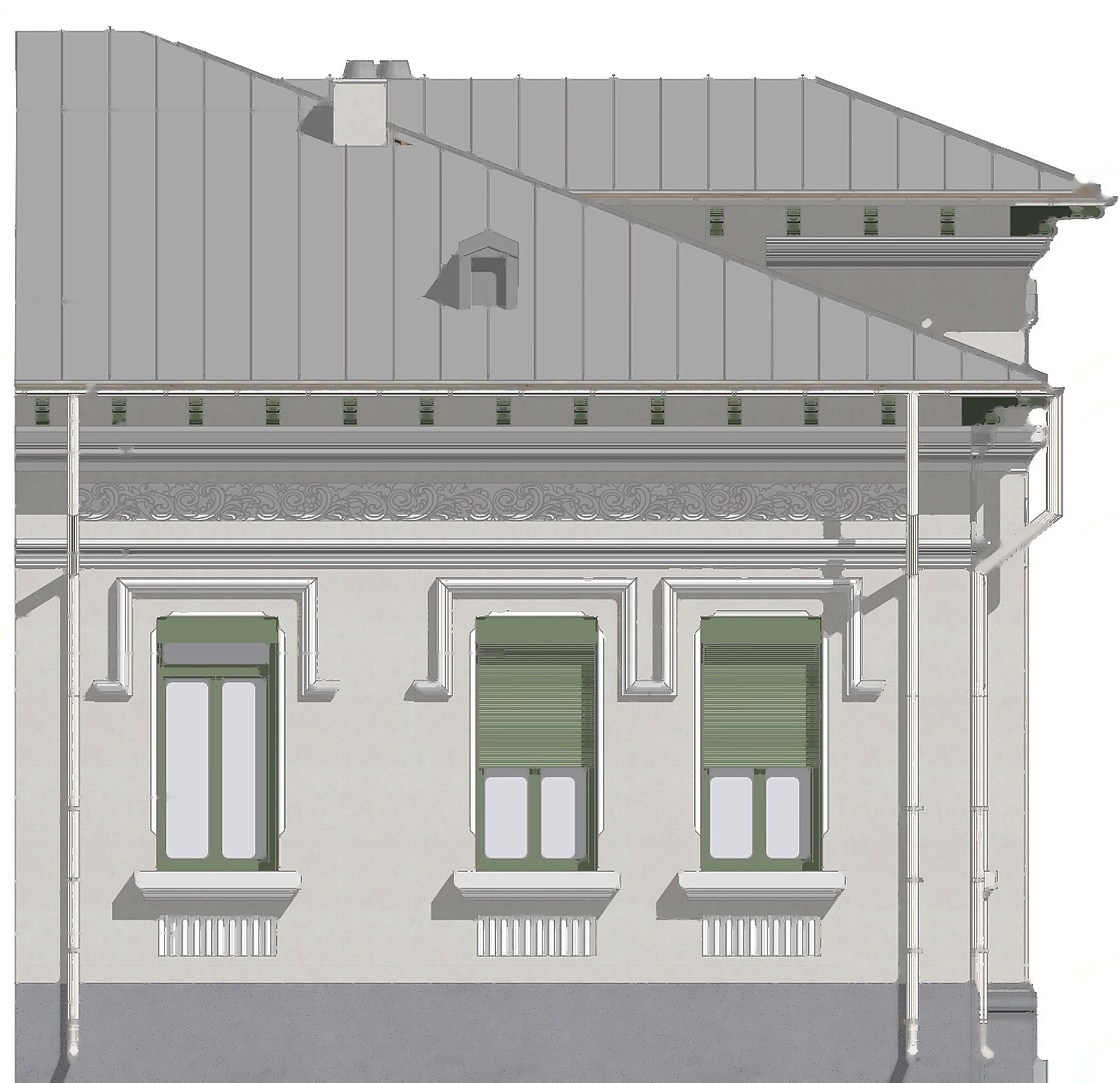 Fațada de la stradă, propusă: tencuială alb-murdar, decorații albe, tâmplărie verde