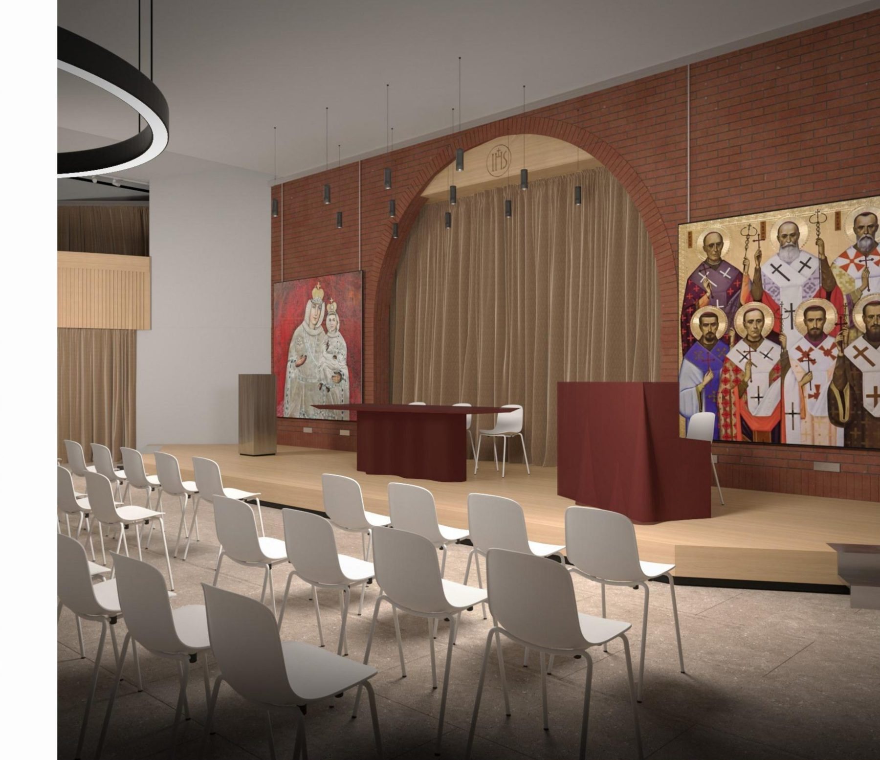 Scena sub arcul de cărămidă, configurată pentru conferință