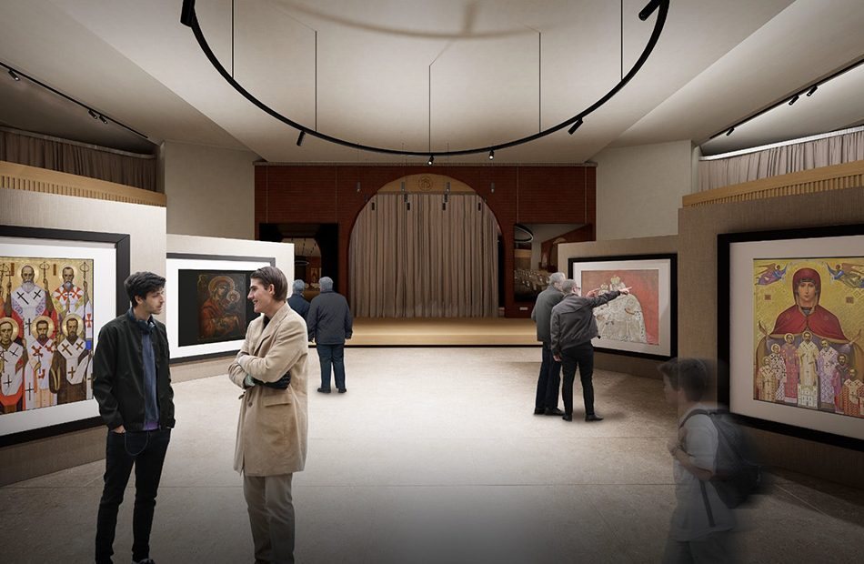 Sala configurată ca galerie, cu panouri de expunere