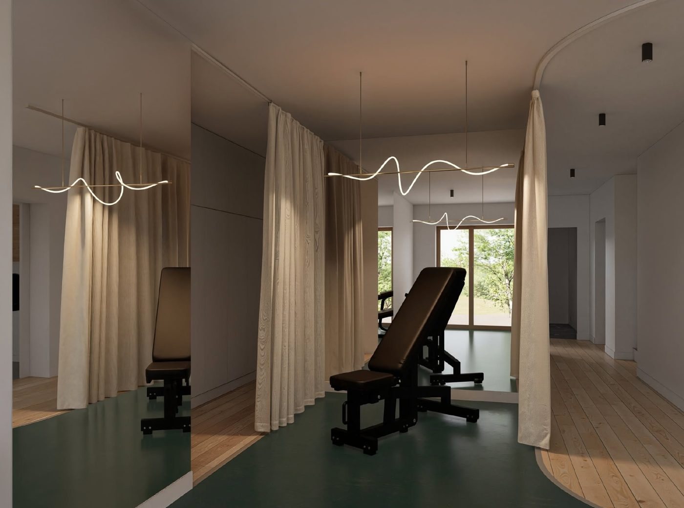 Sala de sport din demisol, delimitată cu draperii