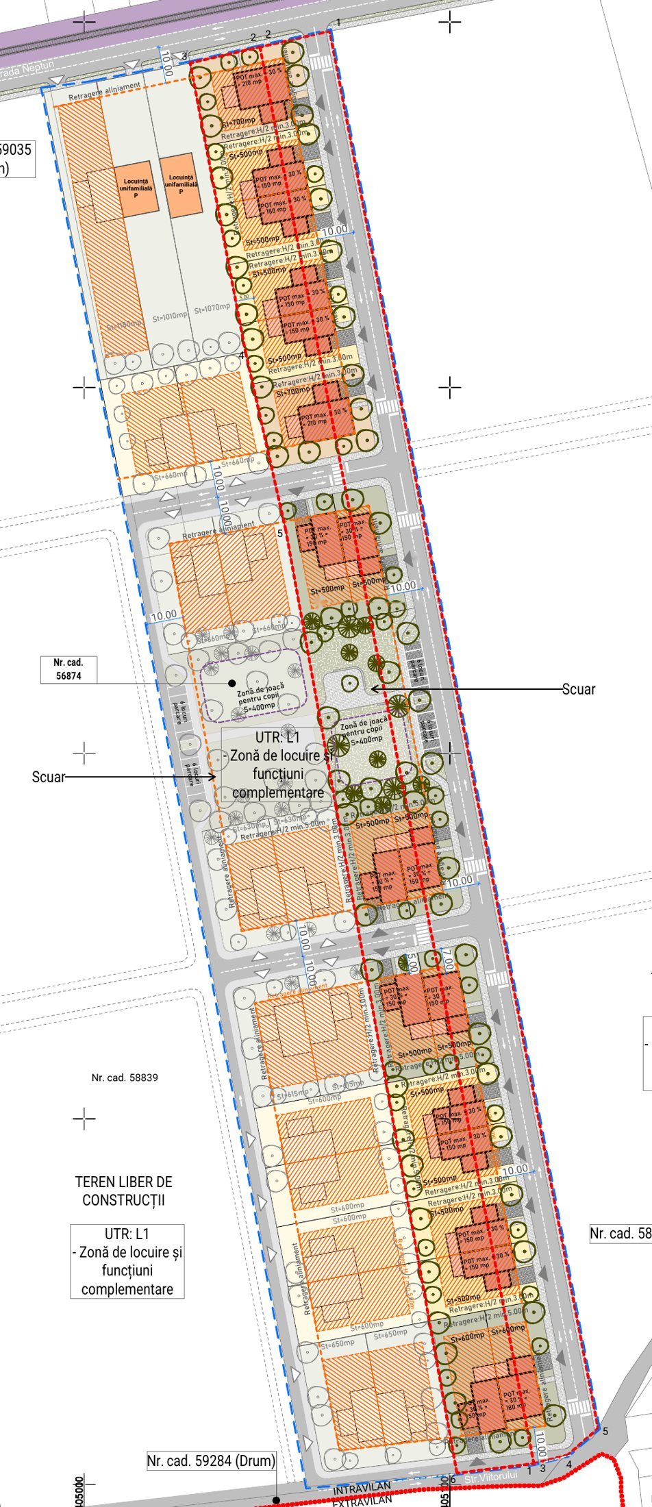 Plan de reglementări: parcele cuplate, scuar central, trama stradală