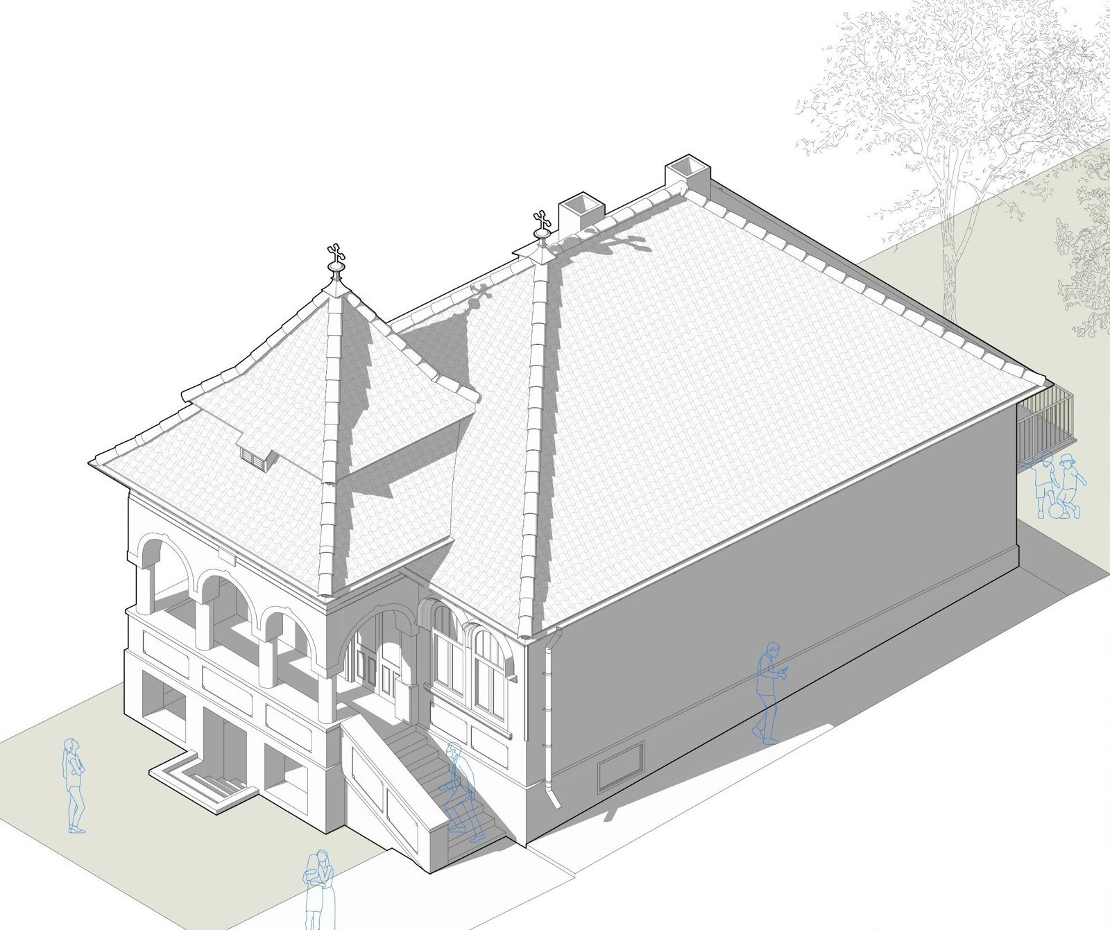 Axonometria modelului 3D, cu acoperișul complex și pridvorul cu arcade