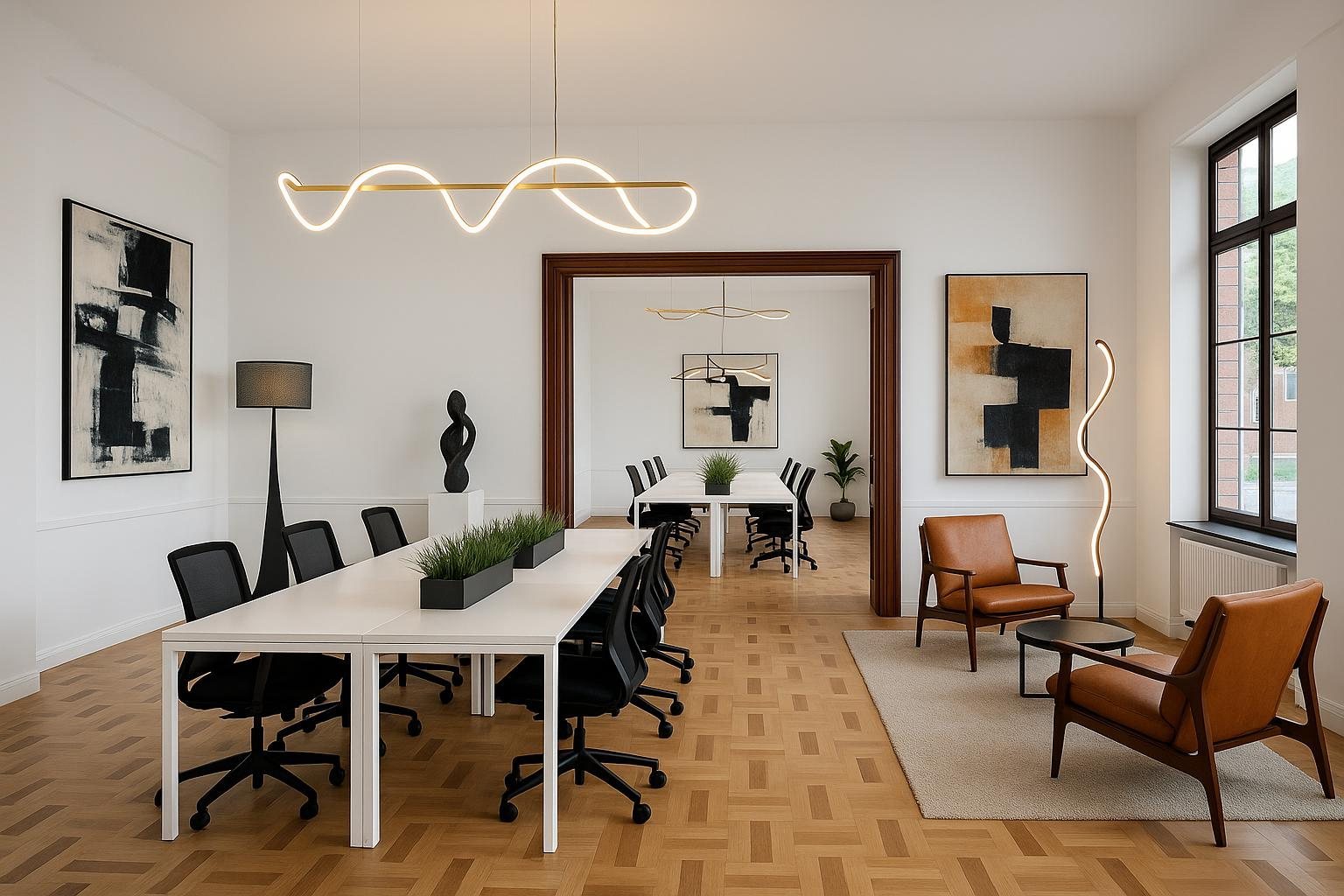 Spațiul de co-working de la parter, cu parchet în model și tocuri de lemn originale