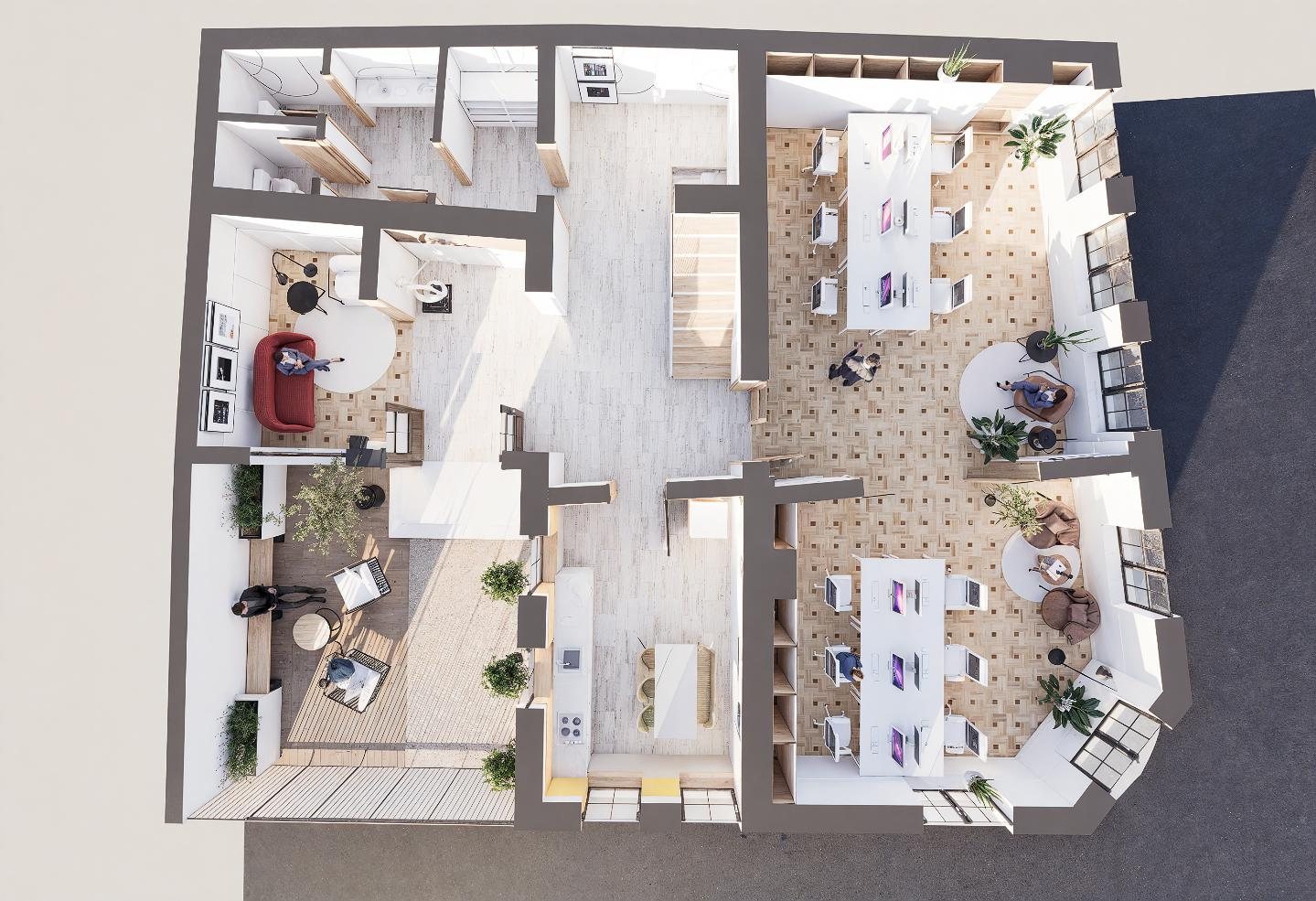 Plan 3D parter, cu lobby, co-working și birouri