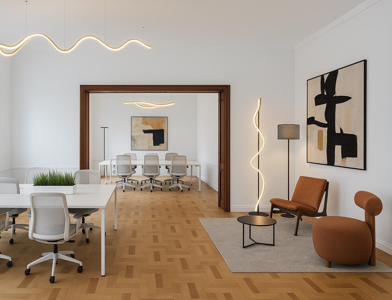Co-working, cu corpuri de iluminat sculpturale